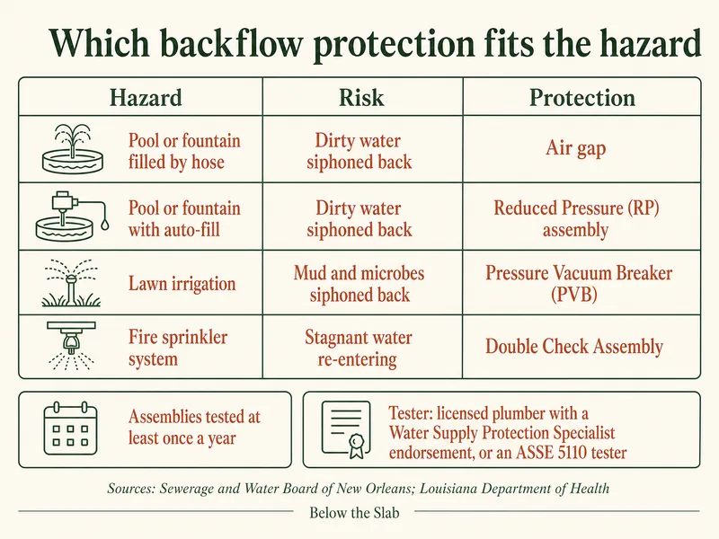 Infographic titled Which backflow protection fits the hazard. A table with columns hazard, risk and protection: pool or fountain filled by hose, dirty water siphoned back, air gap; pool or fountain with auto-fill, dirty water siphoned back, Reduced Pressure (RP) assembly; lawn irrigation, mud and microbes siphoned back, Pressure Vacuum Breaker (PVB); fire sprinkler system, stagnant water re-entering, Double Check Assembly. Notes: assemblies tested at least once a year; tester, a licensed plumber with a Water Supply Protection Specialist endorsement, or an ASSE 5110 tester. Sources: Sewerage and Water Board of New Orleans; Louisiana Department of Health.