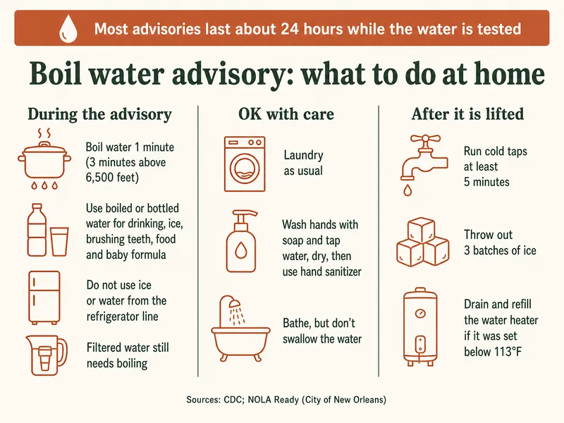 Boil water advisory, what to do at home. Most advisories last about 24 hours while the water is tested. During the advisory: boil water 1 minute (3 minutes above 6,500 feet); use boiled or bottled water for drinking, ice, brushing teeth, food and baby formula; do not use ice or water from the refrigerator line; filtered water still needs boiling. OK with care: laundry as usual; wash hands with soap and tap water, dry, then use hand sanitizer; bathe, but don't swallow the water. After it is lifted: run cold taps at least 5 minutes; throw out 3 batches of ice; drain and refill the water heater if it was set below 113°F. Sources: CDC; NOLA Ready (City of New Orleans).