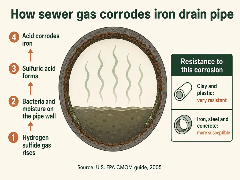 Infographic titled How sewer gas corrodes iron drain pipe: a cross-section of an iron pipe partly filled with wastewater, with four steps rising to the top of the pipe, hydrogen sulfide gas rises, bacteria and moisture on the pipe wall, sulfuric acid forms, acid corrodes iron; a side box headed resistance to this corrosion reads clay and plastic very resistant, and iron, steel and concrete more susceptible; source U.S. EPA CMOM guide, 2005