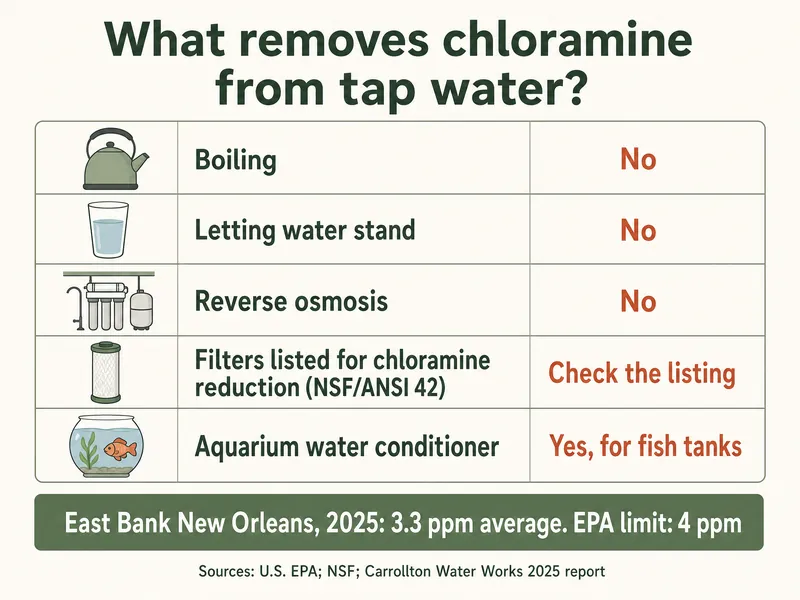 Checklist of ways to remove chloramine: boiling, no; letting water stand, no; reverse osmosis, no; filters listed for chloramine reduction under NSF/ANSI 42, check the listing; aquarium water conditioner, yes for fish tanks; with a band noting East Bank New Orleans averaged 3.3 ppm in 2025 against the EPA limit of 4 ppm