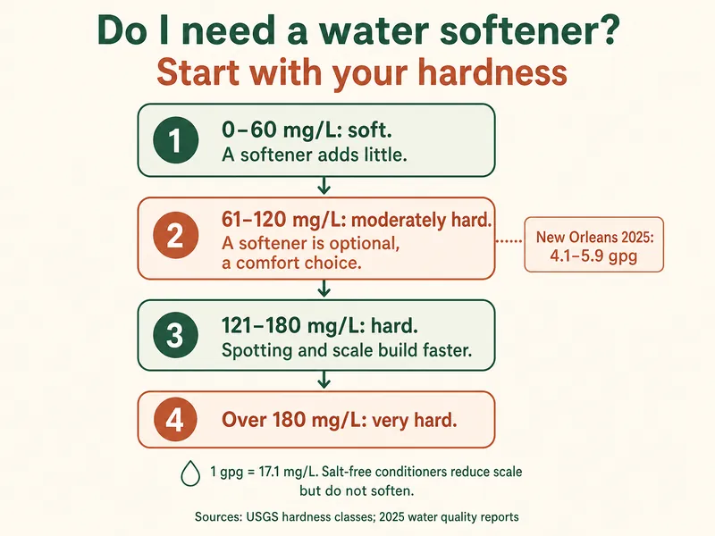 Decision flow for a water softener by hardness: 0 to 60 mg/L soft, a softener adds little; 61 to 120 mg/L moderately hard, a softener is optional, a comfort choice, with a tag showing New Orleans in 2025 at 4.1 to 5.9 gpg; 121 to 180 mg/L hard, spotting and scale build faster; over 180 mg/L very hard; with a note that 1 gpg equals 17.1 mg/L and that salt-free conditioners reduce scale but do not soften