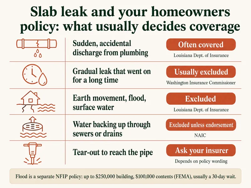 Infographic titled Slab leak and your homeowners policy: what usually decides coverage, with five rows: sudden, accidental discharge from plumbing, often covered (Louisiana Dept. of Insurance); gradual leak that went on for a long time, usually excluded (Washington Insurance Commissioner); earth movement, flood, surface water, excluded (Louisiana Dept. of Insurance); water backing up through sewers or drains, excluded unless endorsement (NAIC); tear-out to reach the pipe, ask your insurer (depends on policy wording); footer: flood is a separate NFIP policy, up to $250,000 building and $100,000 contents (FEMA), usually a 30-day wait