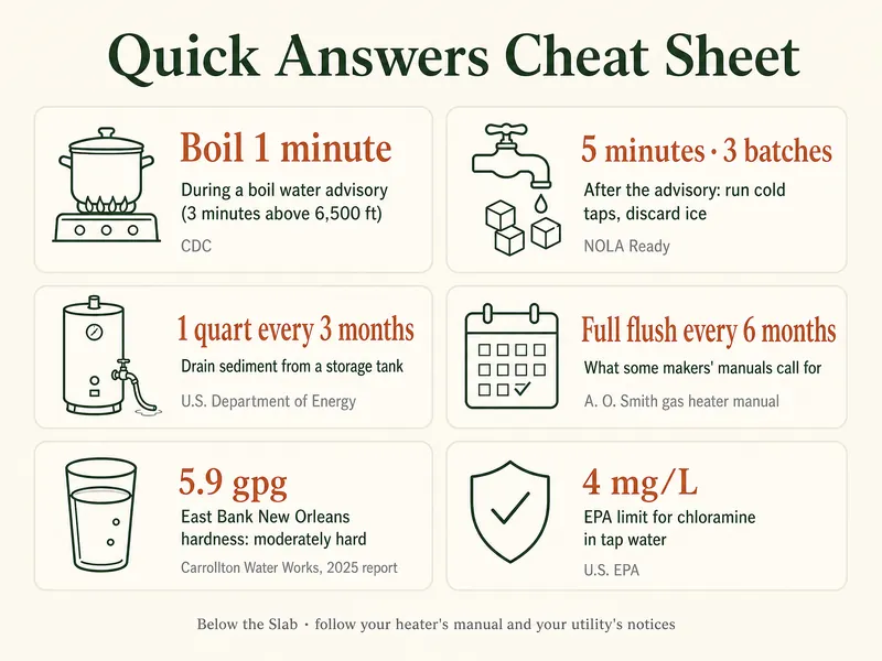 Quick Answers Cheat Sheet. Boil 1 minute during a boil water advisory, 3 minutes above 6,500 ft (CDC). 5 minutes and 3 batches: after the advisory, run cold taps and discard ice (NOLA Ready). 1 quart every 3 months: drain sediment from a storage tank (U.S. Department of Energy). Full flush every 6 months: what some makers' manuals call for (A. O. Smith gas heater manual). 5.9 gpg: East Bank New Orleans hardness, moderately hard (Carrollton Water Works, 2025 report). 4 mg/L: EPA limit for chloramine in tap water (U.S. EPA).