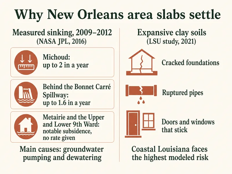 Infographic titled Why New Orleans area slabs settle. Left column, measured sinking 2009 to 2012 (NASA JPL, 2016): Michoud up to 2 in a year; behind the Bonnet Carré Spillway up to 1.6 in a year; Metairie and the Upper and Lower 9th Ward notable subsidence, no rate given; main causes groundwater pumping and dewatering. Right column, expansive clay soils (LSU study, 2021): cracked foundations, ruptured pipes, doors and windows that stick; coastal Louisiana faces the highest modeled risk