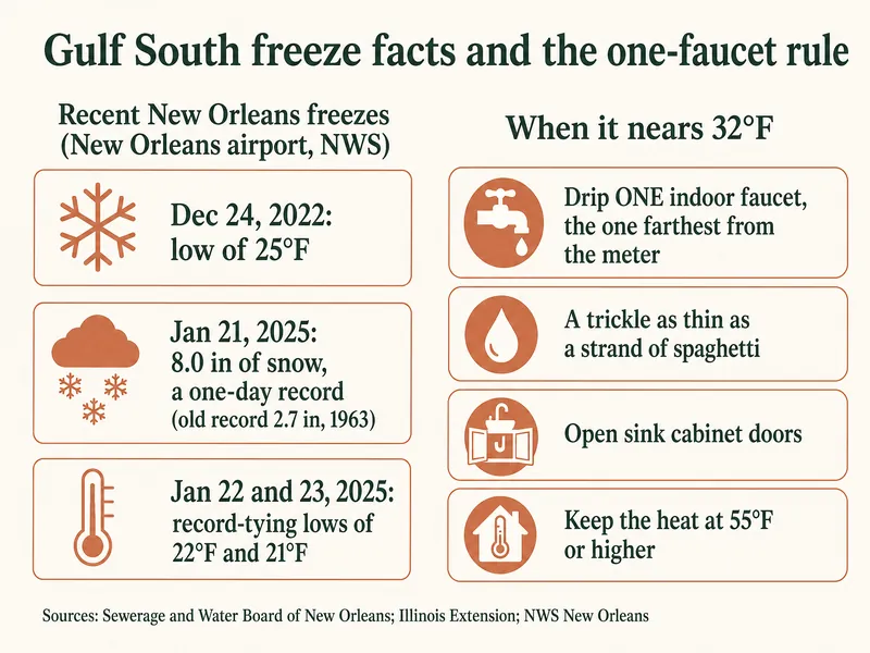 Infographic titled Gulf South freeze facts and the one-faucet rule. Left, recent New Orleans freezes at the New Orleans airport (NWS): Dec 24, 2022, low of 25°F; Jan 21, 2025, 8.0 in of snow, a one-day record (old record 2.7 in, 1963); Jan 22 and 23, 2025, record-tying lows of 22°F and 21°F. Right, when it nears 32°F: drip one indoor faucet, the one farthest from the meter; a trickle as thin as a strand of spaghetti; open sink cabinet doors; keep the heat at 55°F or higher. Sources: Sewerage and Water Board of New Orleans, Illinois Extension, NWS New Orleans
