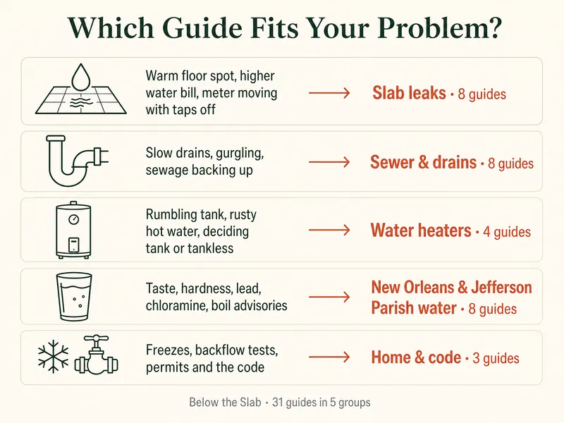 Which Guide Fits Your Problem? Warm floor spot, higher water bill, meter moving with taps off: Slab leaks, 8 guides. Slow drains, gurgling, sewage backing up: Sewer and drains, 8 guides. Rumbling tank, rusty hot water, deciding tank or tankless: Water heaters, 4 guides. Taste, hardness, lead, chloramine, boil advisories: New Orleans and Jefferson Parish water, 8 guides. Freezes, backflow tests, permits and the code: Home and code, 3 guides. 31 guides in 5 groups.