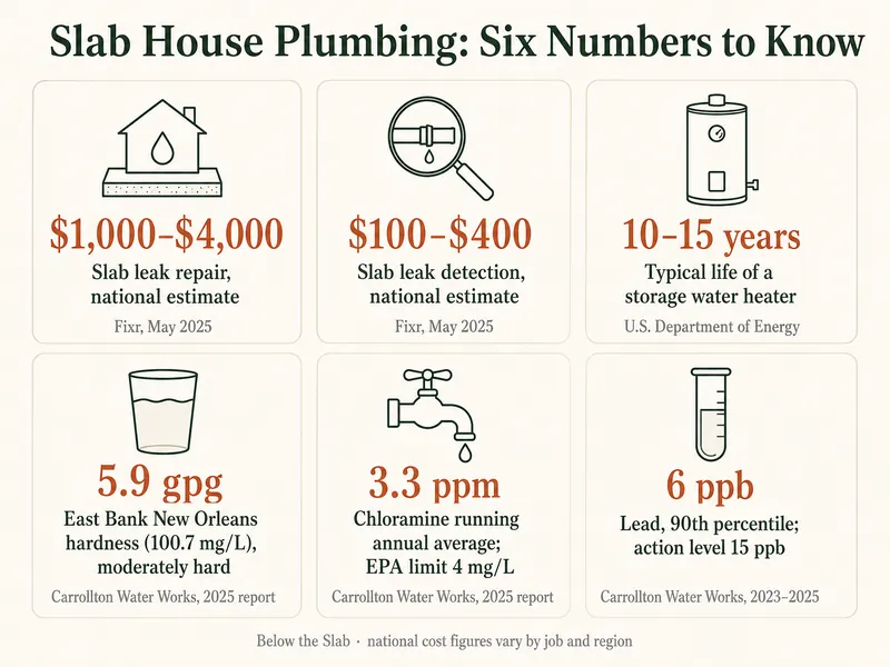 Slab House Plumbing: Six Numbers to Know. Slab leak repair, national estimate, $1,000–$4,000 (Fixr, May 2025). Slab leak detection, national estimate, $100–$400 (Fixr, May 2025). Typical life of a storage water heater, 10–15 years (U.S. Department of Energy). hardness on the East Bank of New Orleans 5.9 gpg (moderately hard; 100.7 milligrams per liter) (Carrollton Water Works, 2025 report). Chloramine running annual average 3.3 ppm; EPA limit 4 mg/L (Carrollton Water Works, 2025 report). Lead 90th percentile 6 ppb; action level 15 ppb (Carrollton Water Works, 2023–2025).