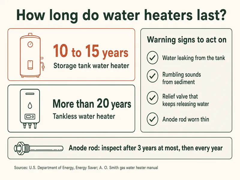 How long do water heaters last: storage tank water heater 10 to 15 years; tankless water heater more than 20 years. Warning signs to act on: water leaking from the tank, rumbling sounds from sediment, relief valve that keeps releasing water, anode rod worn thin. Anode rod: inspect after 3 years at most, then every year. Sources: U.S. Department of Energy, Energy Saver; A. O. Smith gas water heater manual.