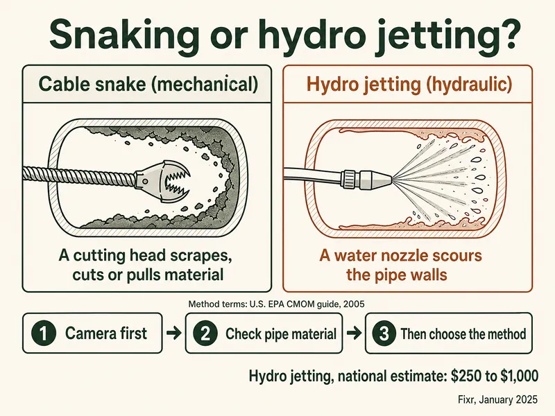 Infographic titled Snaking or hydro jetting: left panel, cable snake (mechanical), a cutting head scrapes, cuts or pulls material; right panel, hydro jetting (hydraulic), a water nozzle scours the pipe walls; method terms credited to the U.S. EPA CMOM guide, 2005; three steps: camera first, check pipe material, then choose the method; hydro jetting national estimate $250 to $1,000, Fixr, January 2025