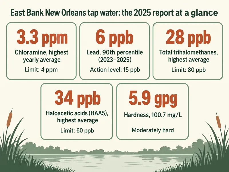 Five cards from the 2025 Carrollton Water Works report: chloramine 3.3 ppm against a 4 ppm limit, lead 6 ppb at the 90th percentile against a 15 ppb action level, trihalomethanes 28 ppb against 80, HAA5 34 ppb against 60, and hardness of 5.9 gpg, equal to 100.7 mg/L and classed as moderately hard