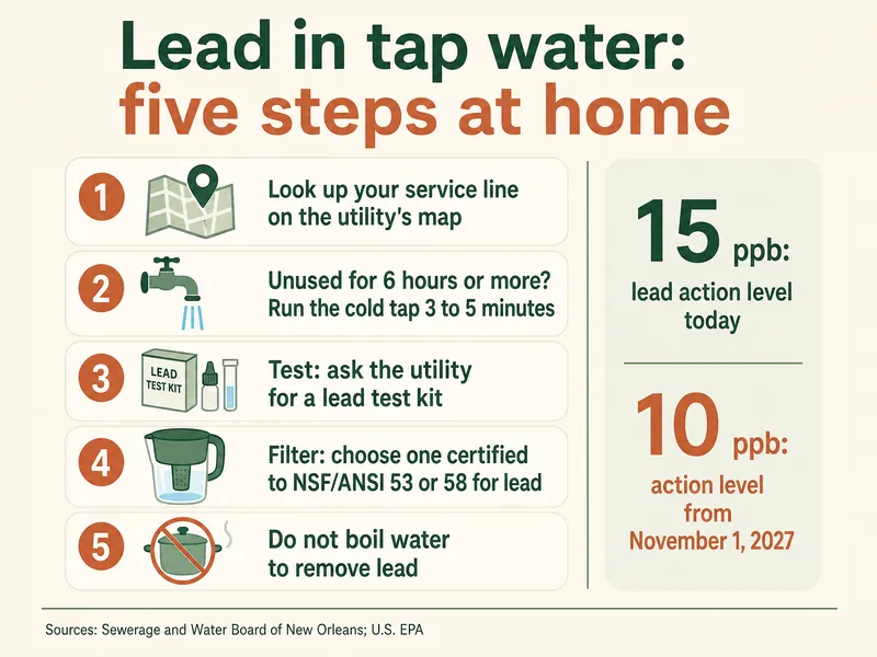 Five steps for lead in tap water: look up your service line on the utility's map; if water sat 6 hours or more, run the cold tap 3 to 5 minutes; ask the utility for a lead test kit; choose a filter whose NSF/ANSI 53 or 58 certification covers lead; do not boil water to remove lead; with a side panel showing a 15 ppb action level today and a 10 ppb action level from November 1, 2027