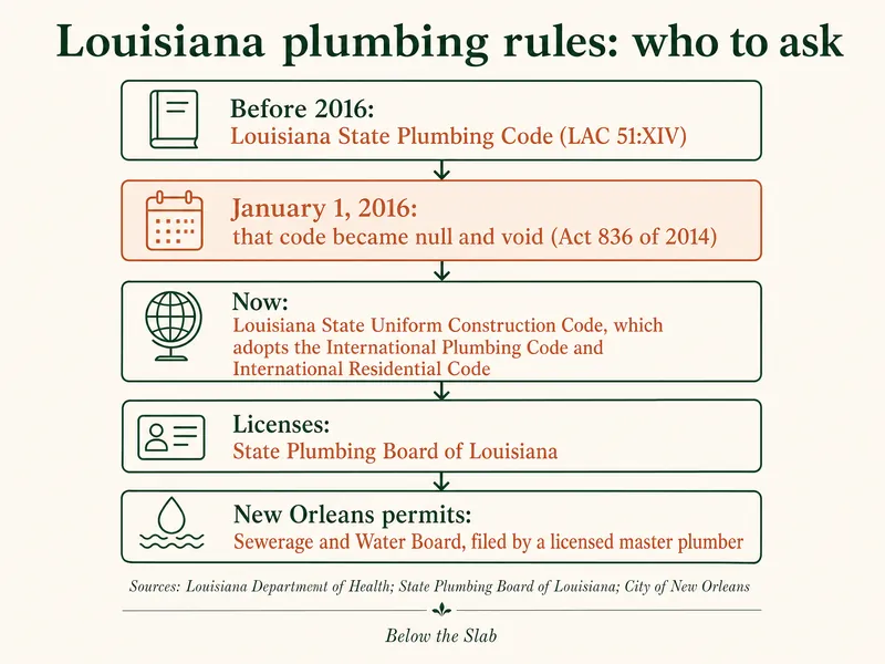 Infographic titled Louisiana plumbing rules: who to ask. Five connected boxes: before 2016, Louisiana State Plumbing Code (LAC 51:XIV); January 1, 2016, that code became null and void (Act 836 of 2014); now, Louisiana State Uniform Construction Code, which adopts the International Plumbing Code and International Residential Code; licenses, State Plumbing Board of Louisiana; New Orleans permits, Sewerage and Water Board, filed by a licensed master plumber. Sources: Louisiana Department of Health; State Plumbing Board of Louisiana; City of New Orleans.