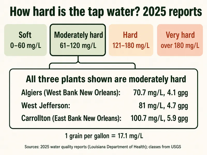 Four hardness classes, soft 0 to 60 mg/L, moderately hard 61 to 120, hard 121 to 180 and very hard over 180, with the moderately hard class highlighted and opening into a panel headed All three plants shown are moderately hard: Algiers (West Bank New Orleans) 70.7 mg/L or 4.1 gpg, West Jefferson 81 mg/L or 4.7 gpg, and Carrollton (East Bank New Orleans) 100.7 mg/L or 5.9 gpg, with a note that 1 grain per gallon equals 17.1 mg/L