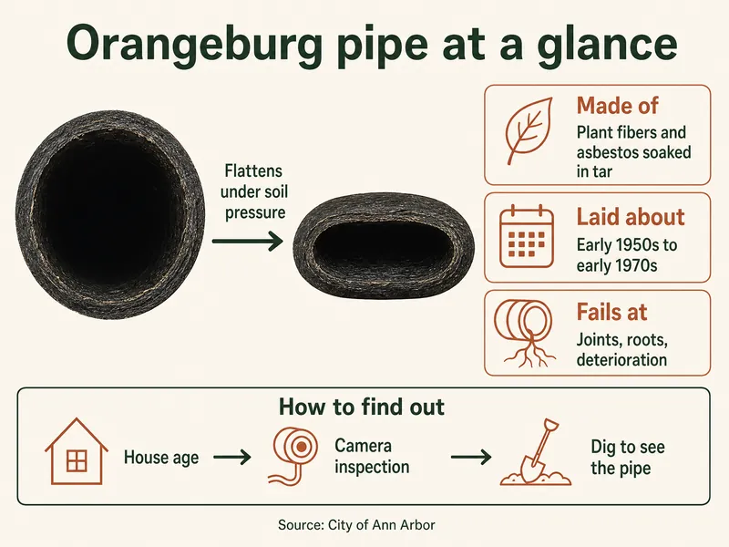 Infographic titled Orangeburg pipe at a glance: a round black fiber pipe beside the same pipe flattened into an oval, labeled flattens under soil pressure; boxes read made of plant fibers and asbestos soaked in tar, laid about early 1950s to early 1970s, and fails at joints, roots, deterioration; a strip headed how to find out shows house age, camera inspection, dig to see the pipe; source City of Ann Arbor