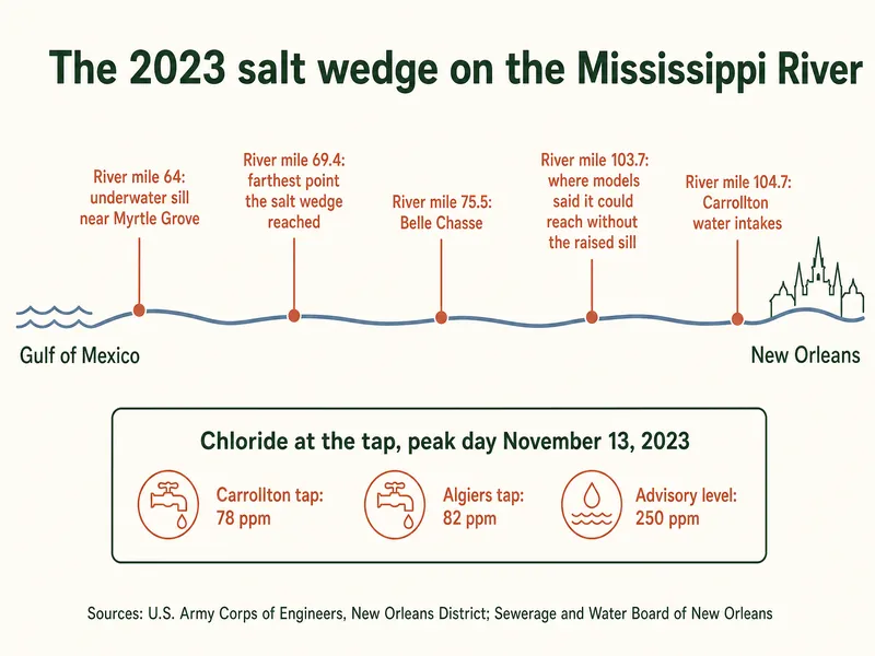 The 2023 salt wedge on the Mississippi River, markers in order upriver from the Gulf of Mexico to New Orleans (not to scale): river mile 64, underwater sill near Myrtle Grove; river mile 69.4, farthest point the salt wedge reached; river mile 75.5, Belle Chasse; river mile 103.7, where models said it could reach without the raised sill; river mile 104.7, Carrollton water intakes. Chloride at the tap, peak day November 13, 2023: Carrollton tap 78 ppm, Algiers tap 82 ppm, advisory level 250 ppm. Sources: U.S. Army Corps of Engineers, New Orleans District; Sewerage and Water Board of New Orleans.