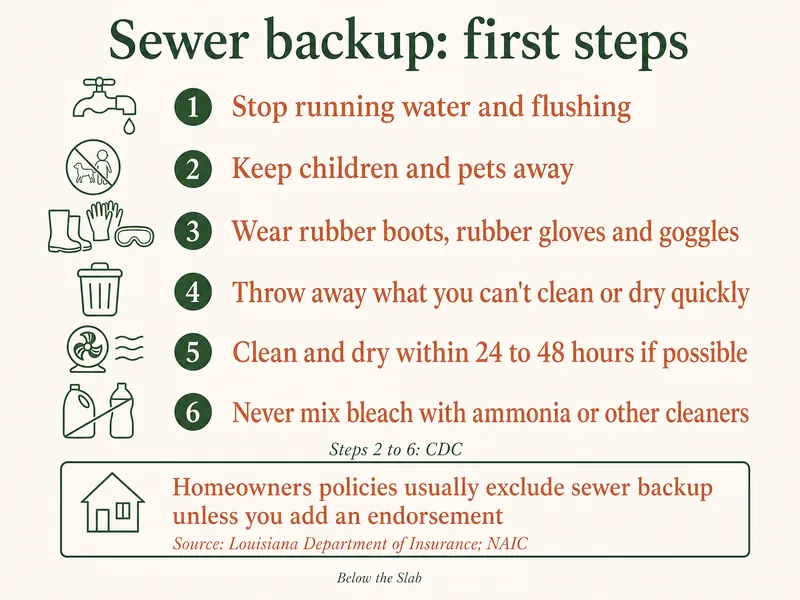 Infographic titled Sewer backup: first steps. Six numbered steps: stop running water and flushing; keep children and pets away; wear rubber boots, rubber gloves and goggles; throw away what you can't clean or dry quickly; clean and dry within 24 to 48 hours if possible; never mix bleach with ammonia or other cleaners. Steps 2 to 6 credited to CDC. Boxed note: homeowners policies usually exclude sewer backup unless you add an endorsement, source Louisiana Department of Insurance and NAIC.
