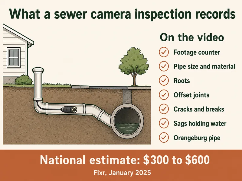 Infographic titled What a sewer camera inspection records: a house cleanout with a camera on a cable traveling through the sewer line toward the city main; a checklist headed On the video lists footage counter, pipe size and material, roots, offset joints, cracks and breaks, sags holding water and Orangeburg pipe; bottom strip reads national estimate $300 to $600, Fixr, January 2025