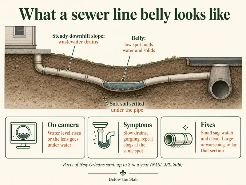 Infographic titled What a sewer line belly looks like: a cutaway of a sewer pipe from a slab house to the street main with a sagging middle section holding water. Labels: steady downhill slope, wastewater drains; belly, low spot holds water and solids; soft soil settled under the pipe. Boxes: on camera, water level rises or the lens goes under water; symptoms, slow drains, gurgling, repeat clogs at the same spot; fixes, small sag watch and clean, large or worsening re-lay that section. Note: parts of New Orleans sank up to 2 in a year, NASA JPL, 2016.