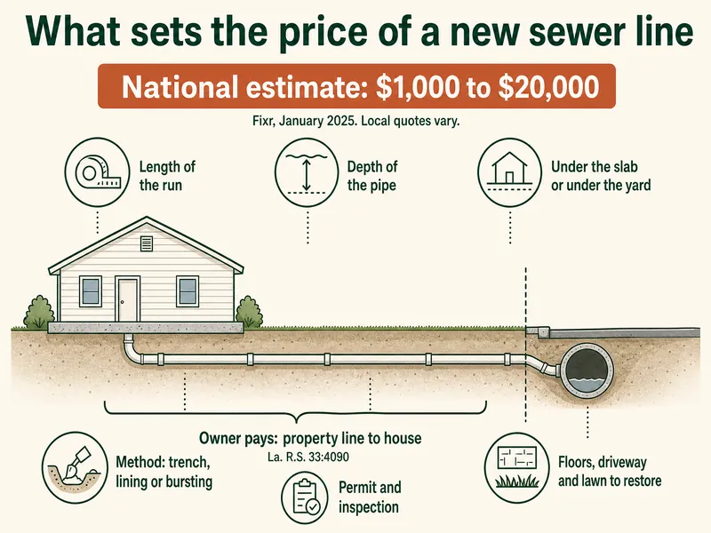 Infographic titled What sets the price of a new sewer line: national estimate $1,000 to $20,000 (Fixr, January 2025, local quotes vary); a house on a slab with a sewer pipe to the city main; six cost drivers labeled length of the run, depth of the pipe, under the slab or under the yard, method (trench, lining or bursting), permit and inspection, and floors, driveway and lawn to restore; the stretch from property line to house marked owner pays, La. R.S. 33:4090
