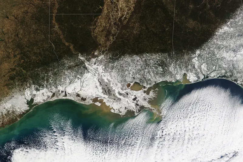 Satellite image of snow and ice covering the Gulf Coast states