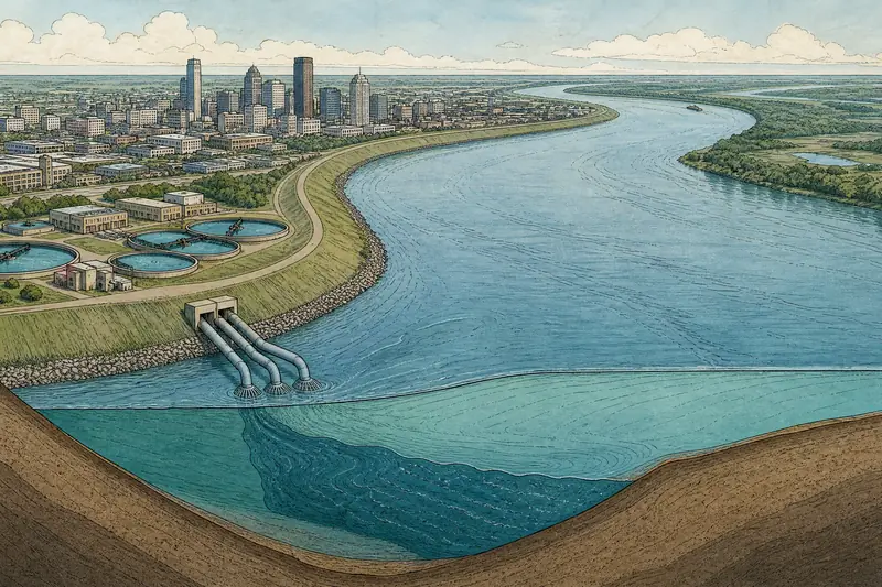 Drawing of a city water plant on the bank of a wide river, with intake pipes reaching into the water and a denser layer of water along the river bottom