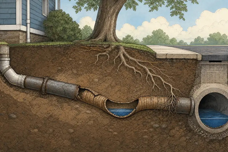Cutaway drawing of a house sewer line with an old cast-iron stretch, a crushed fiber pipe, roots at a joint and a low spot holding water