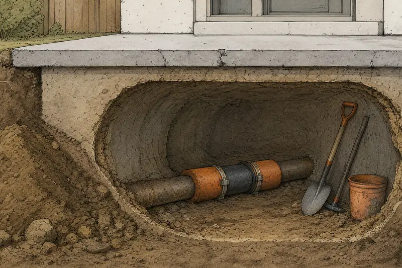 Drawing of a tunnel dug beneath the edge of a house slab, with a repaired pipe exposed inside the tunnel