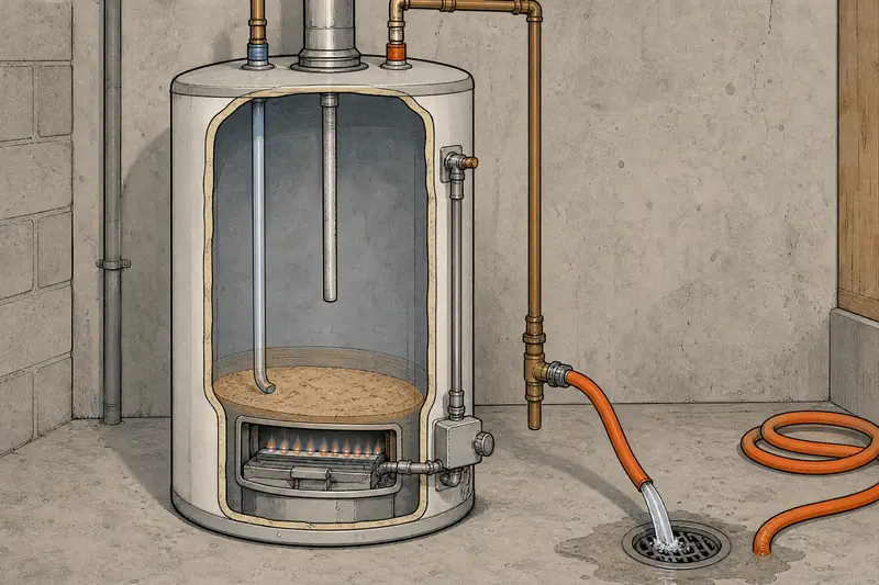 Cutaway of a tank water heater showing sediment in the bottom and a hose draining it to a floor drain