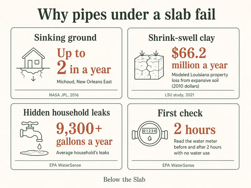 Infographic titled Why pipes under a slab fail, with four cards: sinking ground up to 2 inches a year at Michoud, New Orleans East (NASA JPL, 2016); shrink-swell clay, $66.2 million a year in modeled Louisiana property loss from expansive soil in 2010 dollars (LSU study, 2021); hidden household leaks, 9,300 or more gallons a year for the average household (EPA WaterSense); and the first check, reading the water meter before and after 2 hours with no water use (EPA WaterSense)
