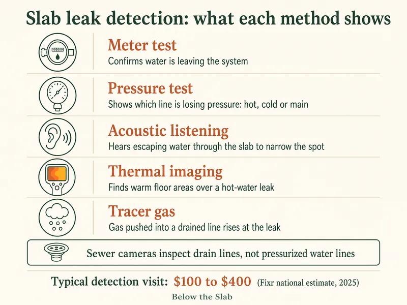 Infographic titled Slab leak detection: what each method shows. Meter test confirms water is leaving the system. Pressure test shows which line is losing pressure: hot, cold or main. Acoustic listening hears escaping water through the slab to narrow the spot. Thermal imaging finds warm floor areas over a hot-water leak. Tracer gas pushed into a drained line rises at the leak. A note says sewer cameras inspect drain lines, not pressurized water lines, and a footer gives a typical detection visit of $100 to $400 (Fixr national estimate, 2025)