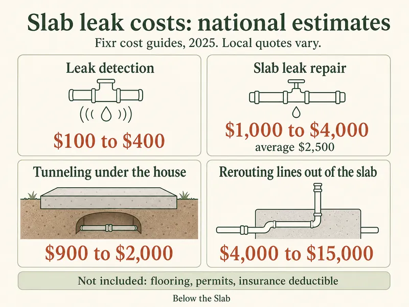 Infographic titled Slab leak costs: national estimates, from Fixr cost guides, 2025, noting that local quotes vary. Four cards: leak detection $100 to $400; slab leak repair $1,000 to $4,000, average $2,500; tunneling under the house $900 to $2,000; rerouting lines out of the slab $4,000 to $15,000. A footer strip lists what is not included: flooring, permits and the insurance deductible
