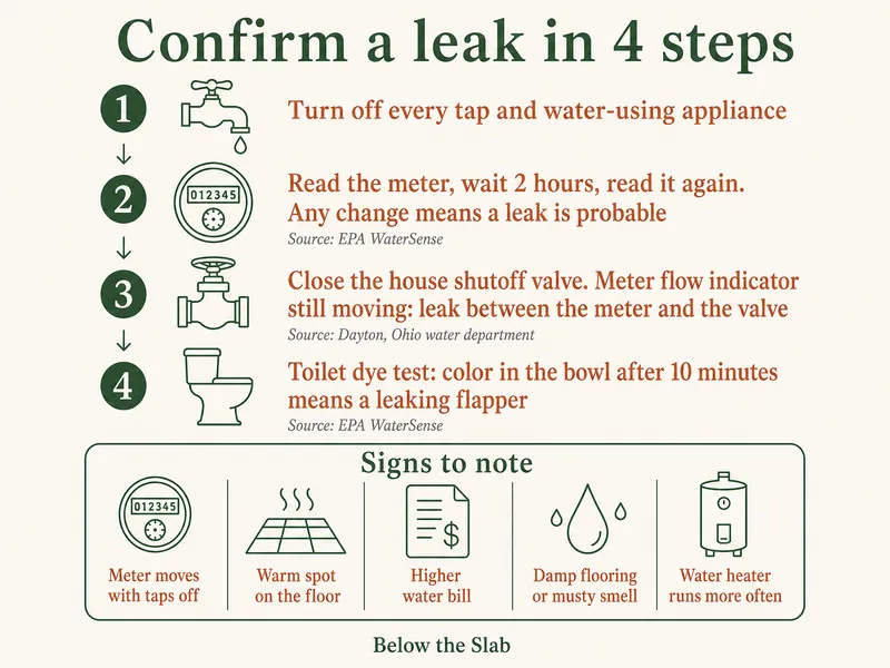 Infographic titled Confirm a leak in 4 steps: 1, turn off every tap and water-using appliance; 2, read the meter, wait 2 hours, read it again, any change means a leak is probable (EPA WaterSense); 3, close the house shutoff valve, and if the meter flow indicator is still moving the leak is between the meter and the valve (Dayton, Ohio water department); 4, toilet dye test, color in the bowl after 10 minutes means a leaking flapper (EPA WaterSense). A panel of signs to note lists meter moves with taps off, warm spot on the floor, higher water bill, damp flooring or musty smell, and water heater runs more often