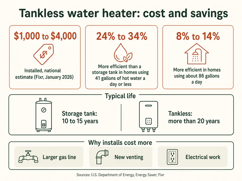 Tankless water heater cost and savings: installed $1,000 to $4,000, national estimate from Fixr, January 2026. 24% to 34% more efficient than a storage tank in homes using 41 gallons of hot water a day or less; 8% to 14% more efficient in homes using about 86 gallons a day. Typical life: storage tank 10 to 15 years; tankless more than 20 years. Why installs cost more: larger gas line, new venting, electrical work. Sources: U.S. Department of Energy, Energy Saver; Fixr.
