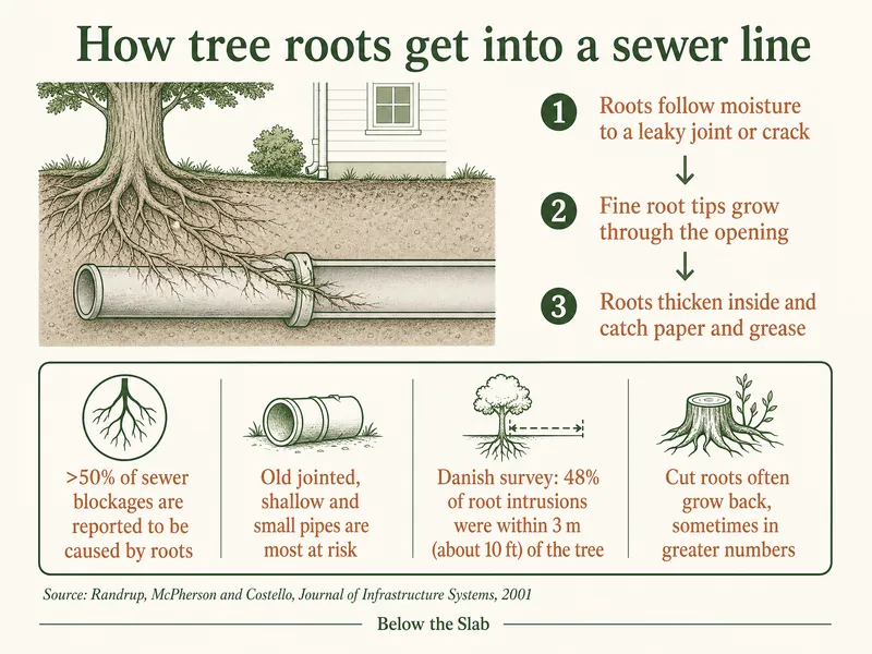 Infographic titled How tree roots get into a sewer line: roots follow moisture to a leaky joint or crack, fine root tips grow through the opening, and roots thicken inside and catch paper and grease. Facts: over 50% of sewer blockages are reported to be caused by roots; old jointed, shallow and small pipes are most at risk; in a Danish survey 48% of root intrusions were within 3 m, about 10 ft, of the tree; cut roots often grow back, sometimes in greater numbers. Source: Randrup, McPherson and Costello, Journal of Infrastructure Systems, 2001.