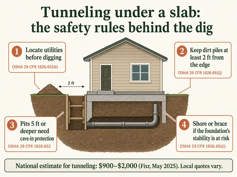 Infographic titled Tunneling under a slab: the safety rules behind the dig, showing a house cutaway with an access pit and tunnel, and four callouts: locate utilities before digging (OSHA 29 CFR 1926.651(b)); keep dirt piles at least 2 ft from the edge (1926.651(j)); pits 5 ft or deeper need cave-in protection (1926.652); shore or brace if the foundation's stability is at risk (1926.651(i)); with a footer giving Fixr's national estimate of $900 to $2,000, May 2025