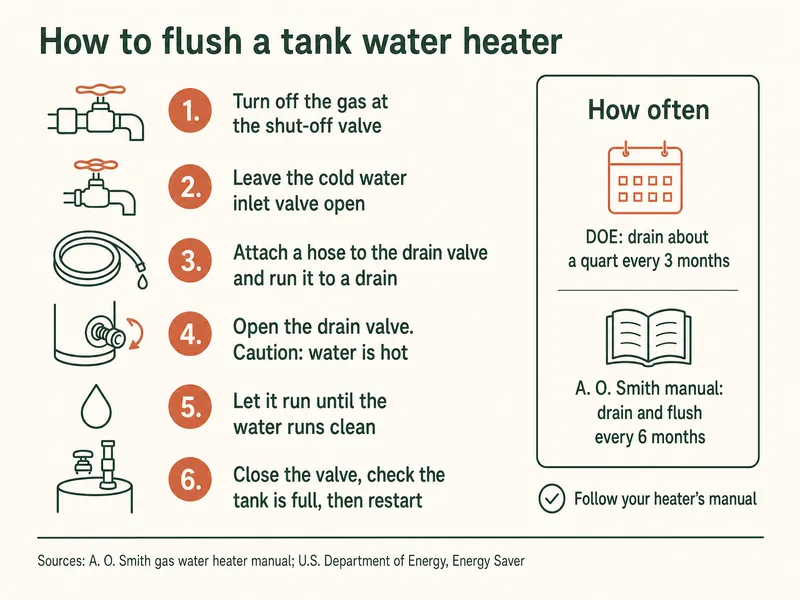 How to flush a tank water heater in six steps: 1. Turn off the gas at the shut-off valve. 2. Leave the cold water inlet valve open. 3. Attach a hose to the drain valve and run it to a drain. 4. Open the drain valve; caution, water is hot. 5. Let it run until the water runs clean. 6. Close the valve, check the tank is full, then restart. How often: DOE, drain about a quart every 3 months; A. O. Smith manual, drain and flush every 6 months. Follow your heater's manual. Sources: A. O. Smith gas water heater manual; U.S. Department of Energy, Energy Saver.