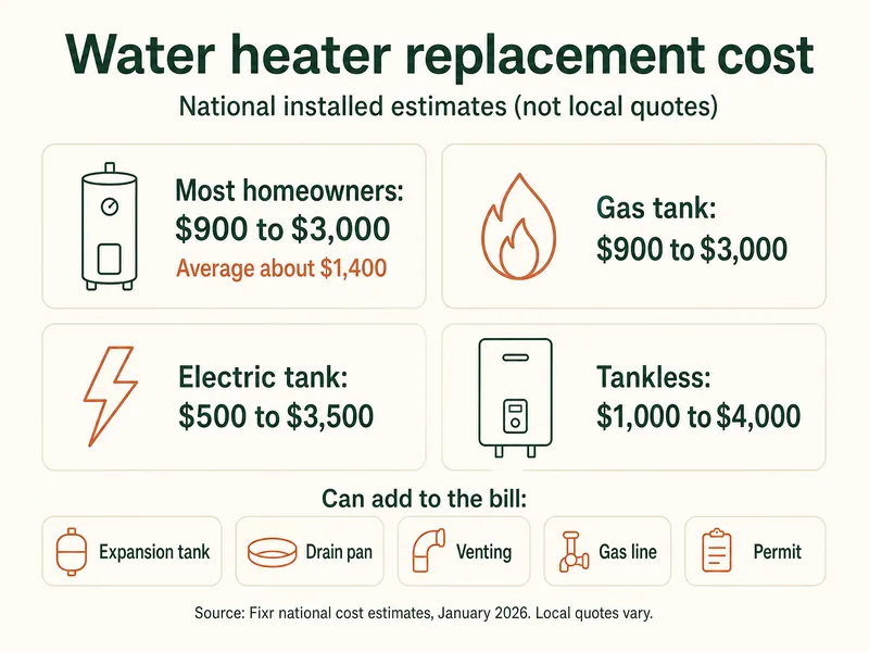 Water heater replacement cost, national installed estimates from Fixr, January 2026: most homeowners pay $900 to $3,000, average about $1,400; gas tank $900 to $3,000; electric tank $500 to $3,500; tankless $1,000 to $4,000. Items that can add to the bill: expansion tank, drain pan, venting, gas line, permit. Local quotes vary.