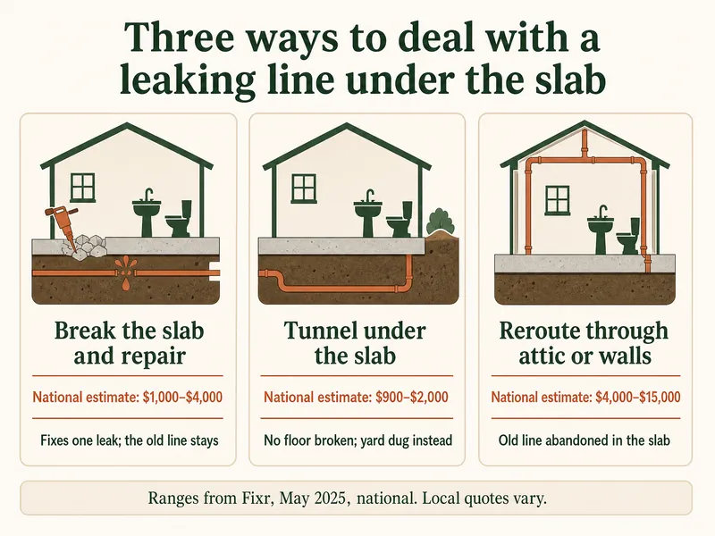 Infographic titled Three ways to deal with a leaking line under the slab, with three cards: break the slab and repair, national estimate $1,000 to $4,000, fixes one leak and the old line stays; tunnel under the slab, national estimate $900 to $2,000, no floor broken, yard dug instead; reroute through attic or walls, national estimate $4,000 to $15,000, old line abandoned in the slab; footer says ranges from Fixr, May 2025, national, local quotes vary