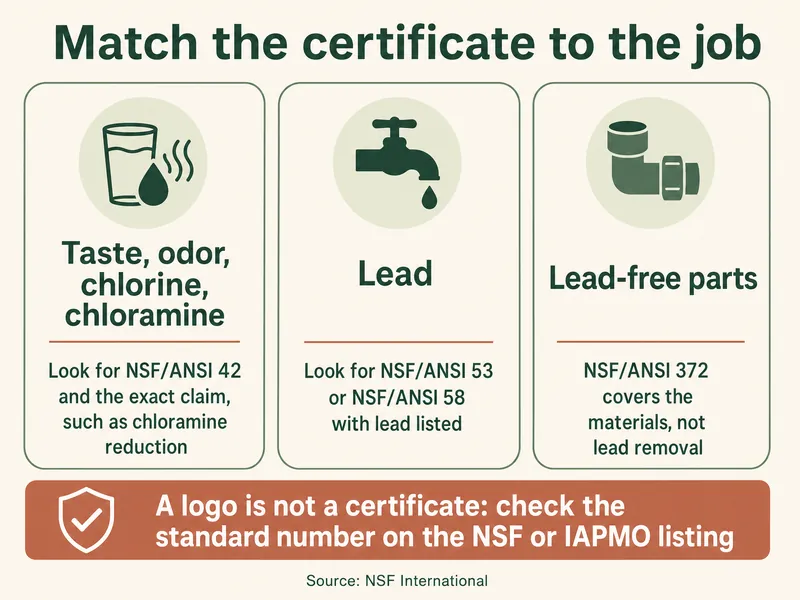 Three columns titled match the certificate to the job: taste, odor, chlorine and chloramine, look for NSF/ANSI 42 and the exact claim; lead, look for NSF/ANSI 53 or NSF/ANSI 58 with lead listed; lead-free parts, NSF/ANSI 372 covers the materials, not lead removal; with a banner saying a logo is not a certificate and to check the standard number on the NSF or IAPMO listing